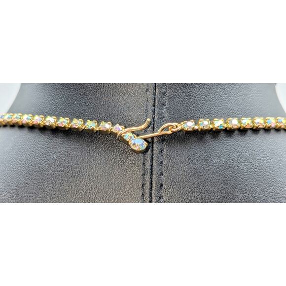 Vintage Aurora Borealis Rhinestone Gold Tone Mesh Tassel 15" Necklace - Picture 5 of 7